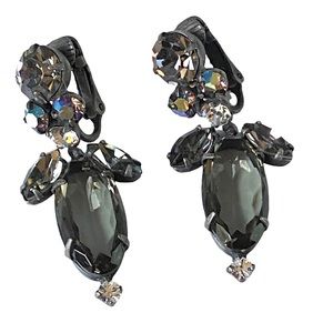 Clip On Rhinestone Earrings Dangle Silver Tone